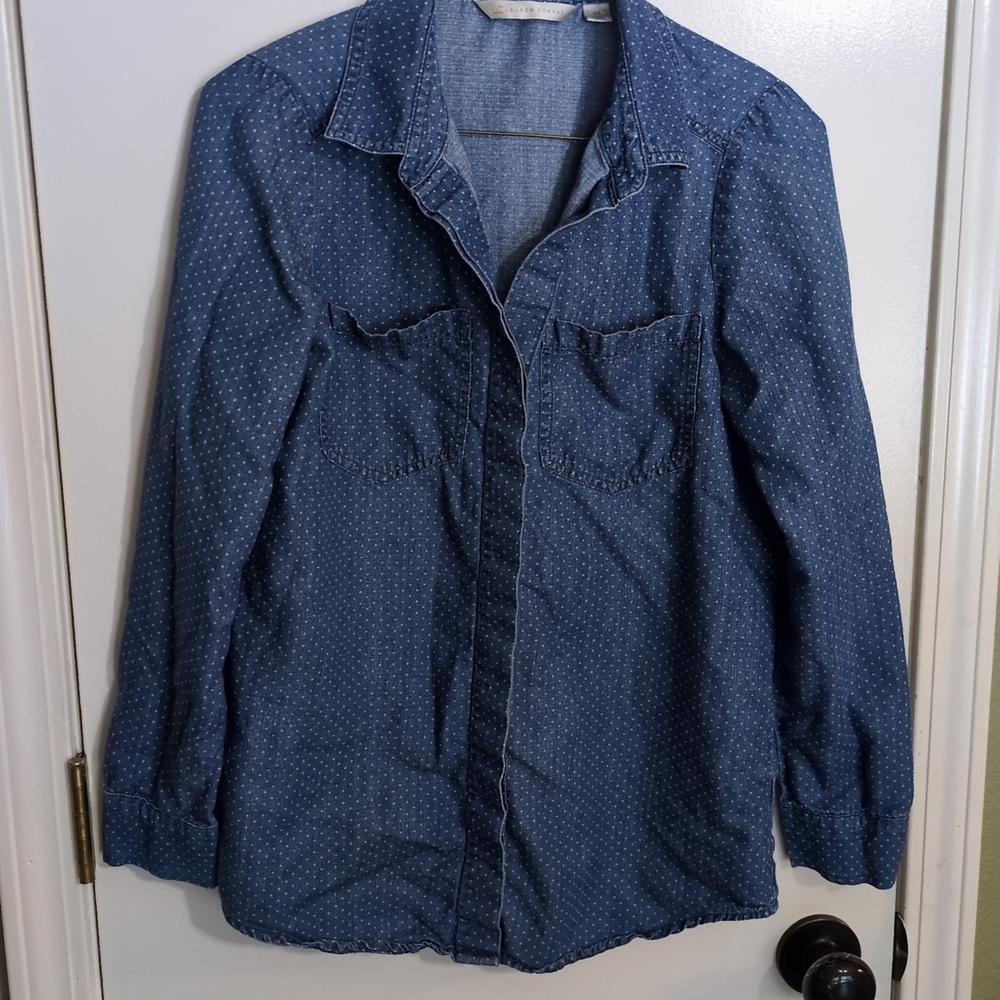 LC Lauren Conrad Women's Polka Dot Blue Denim Long-Sleeve Button-Up- Size XS